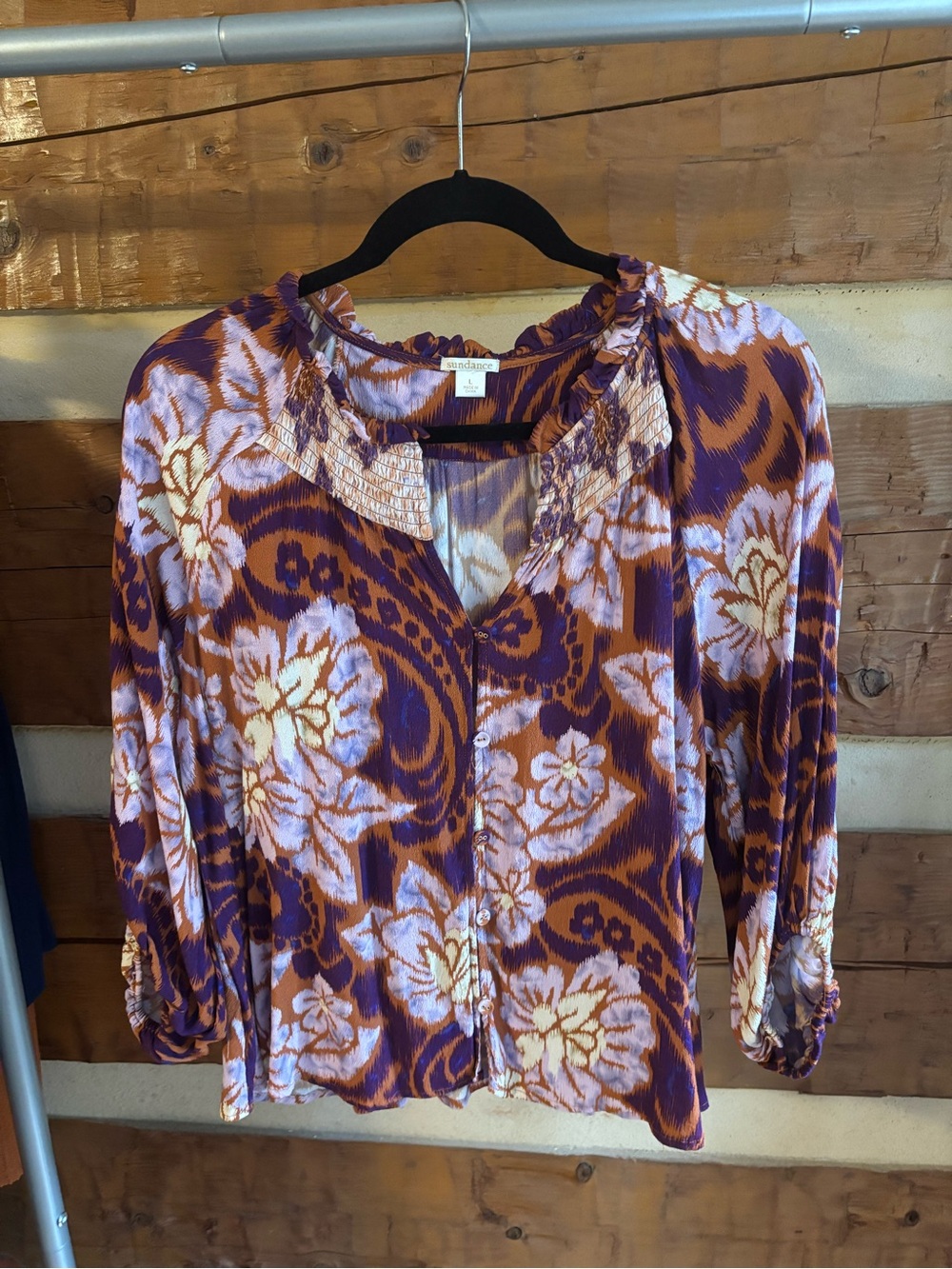 Sundance Purple and Cream Floral Button-Front Blouse